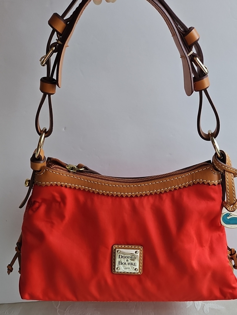 Dooney & Bourke Red Nylon Small Shoulder Bag with Tan Leather Trim